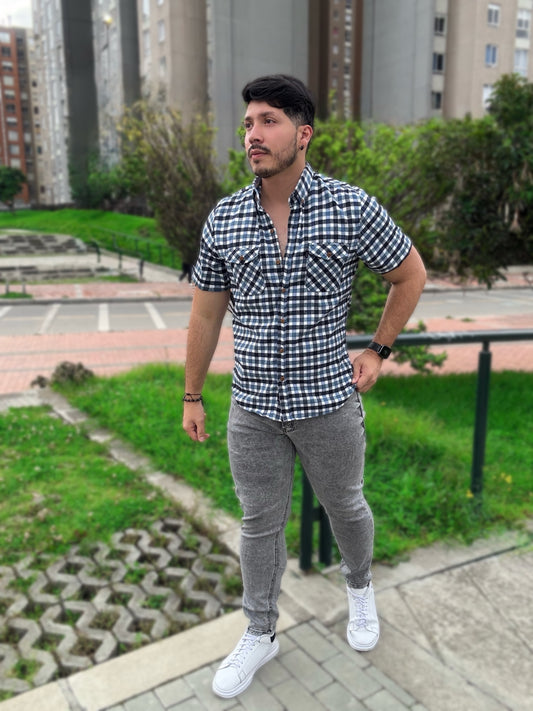 Camisa Cuadros Manga Corta Azul