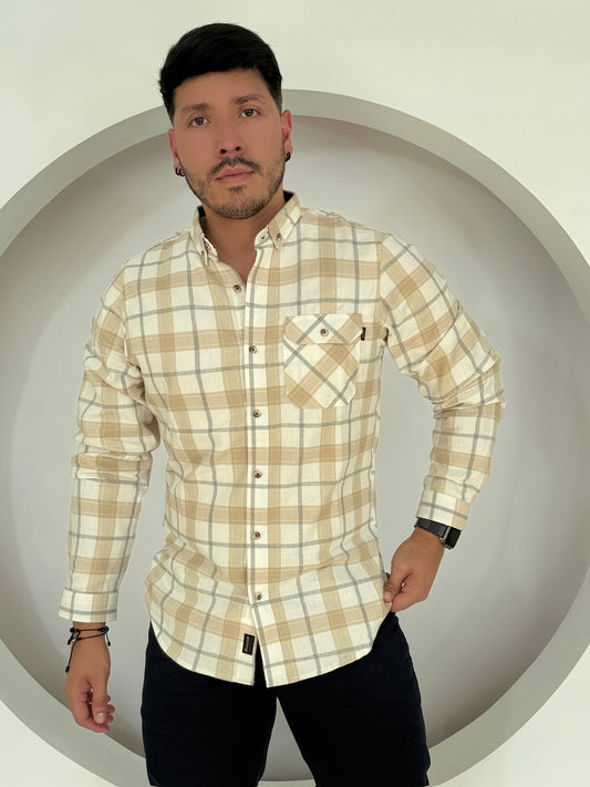 Camisa Manga Larga Cuadros Beige