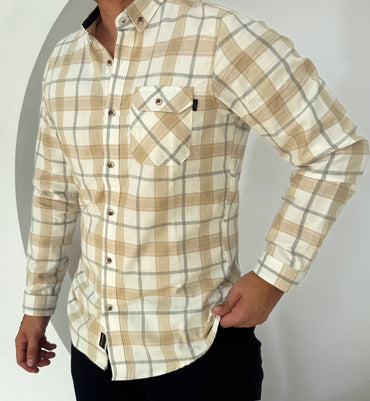 Camisa Manga Larga Cuadros Beige