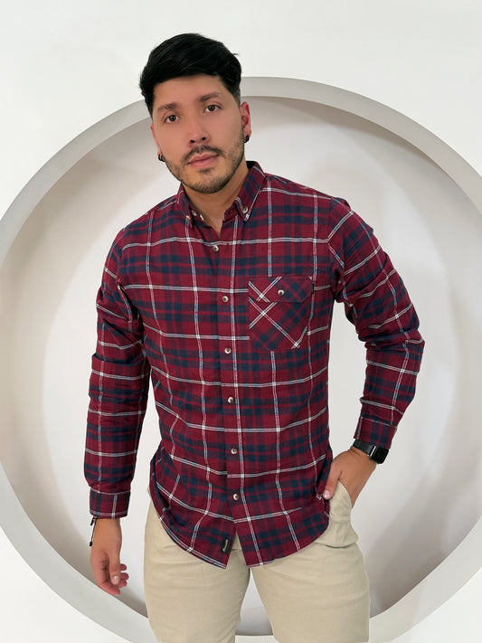 Camisa Manga Larga Cuadros Vinotinto