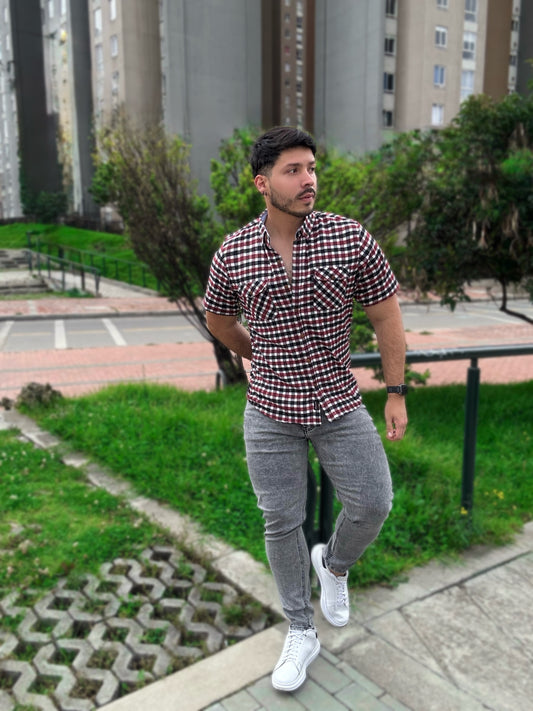 Camisa Cuadros Manga Corta Vinotinto