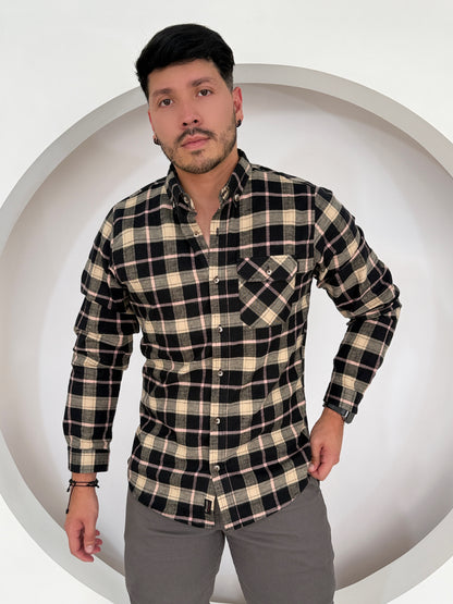 Camisa Manga Larga Cuadros Negra-Rosa