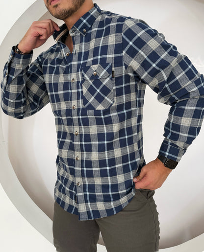 Camisa Manga Larga Cuadros Azul Medio