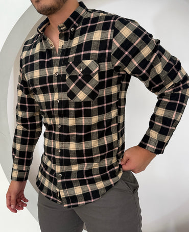 Camisa Manga Larga Cuadros Negra-Rosa