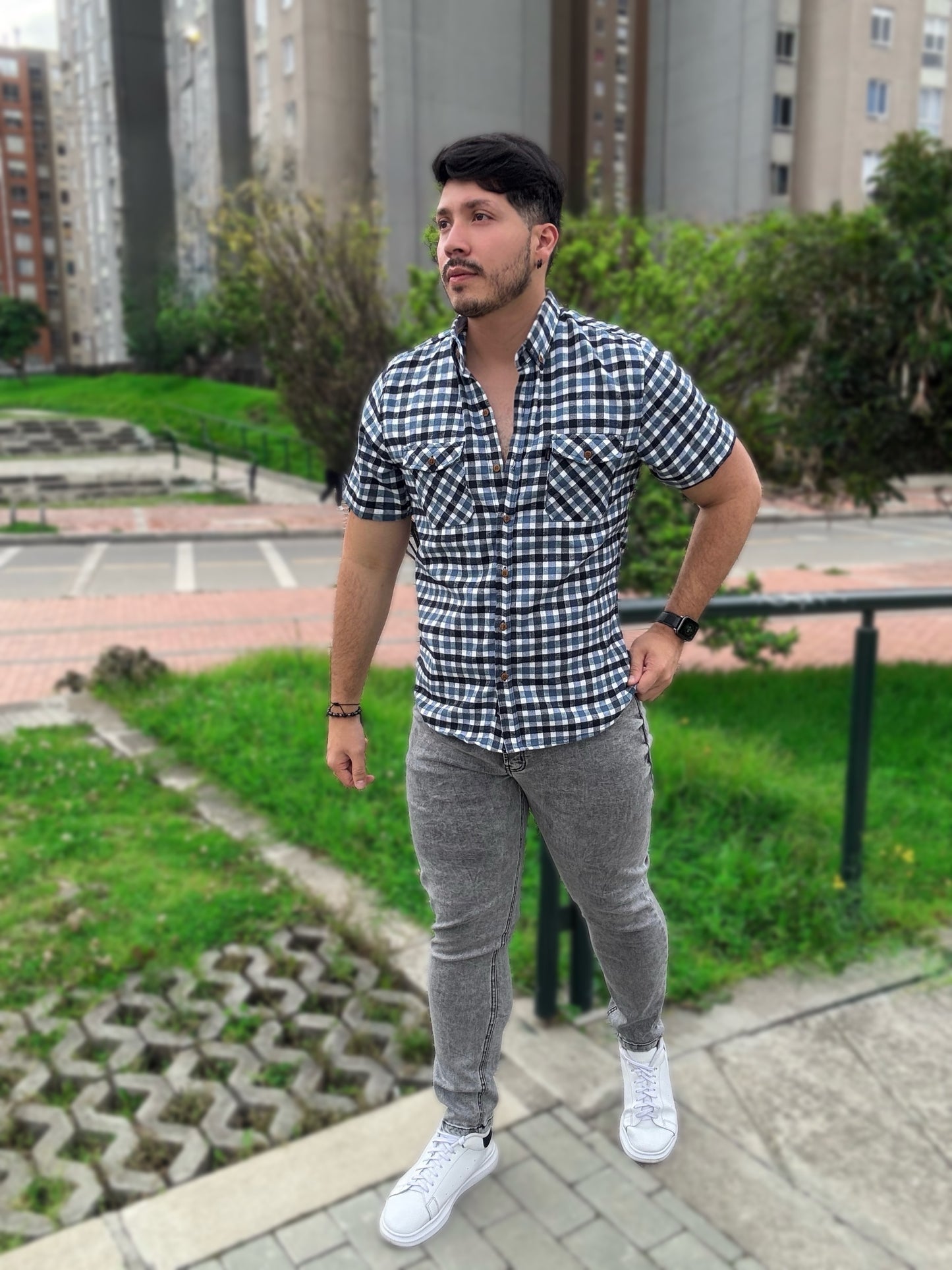 Camisa Cuadros Manga Corta Azul