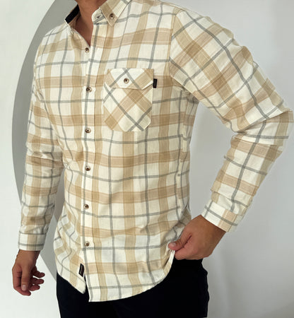 Camisa Manga Larga Cuadros Beige