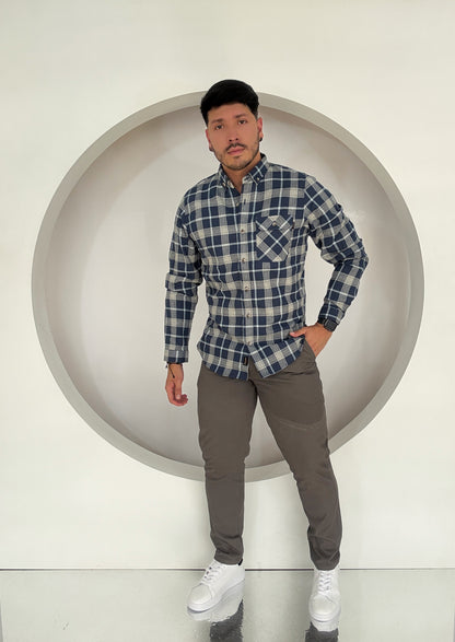 Camisa Manga Larga Cuadros Azul Medio