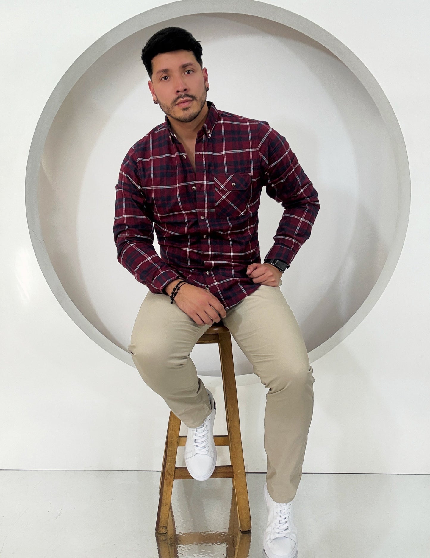 Camisa Manga Larga Cuadros Vinotinto