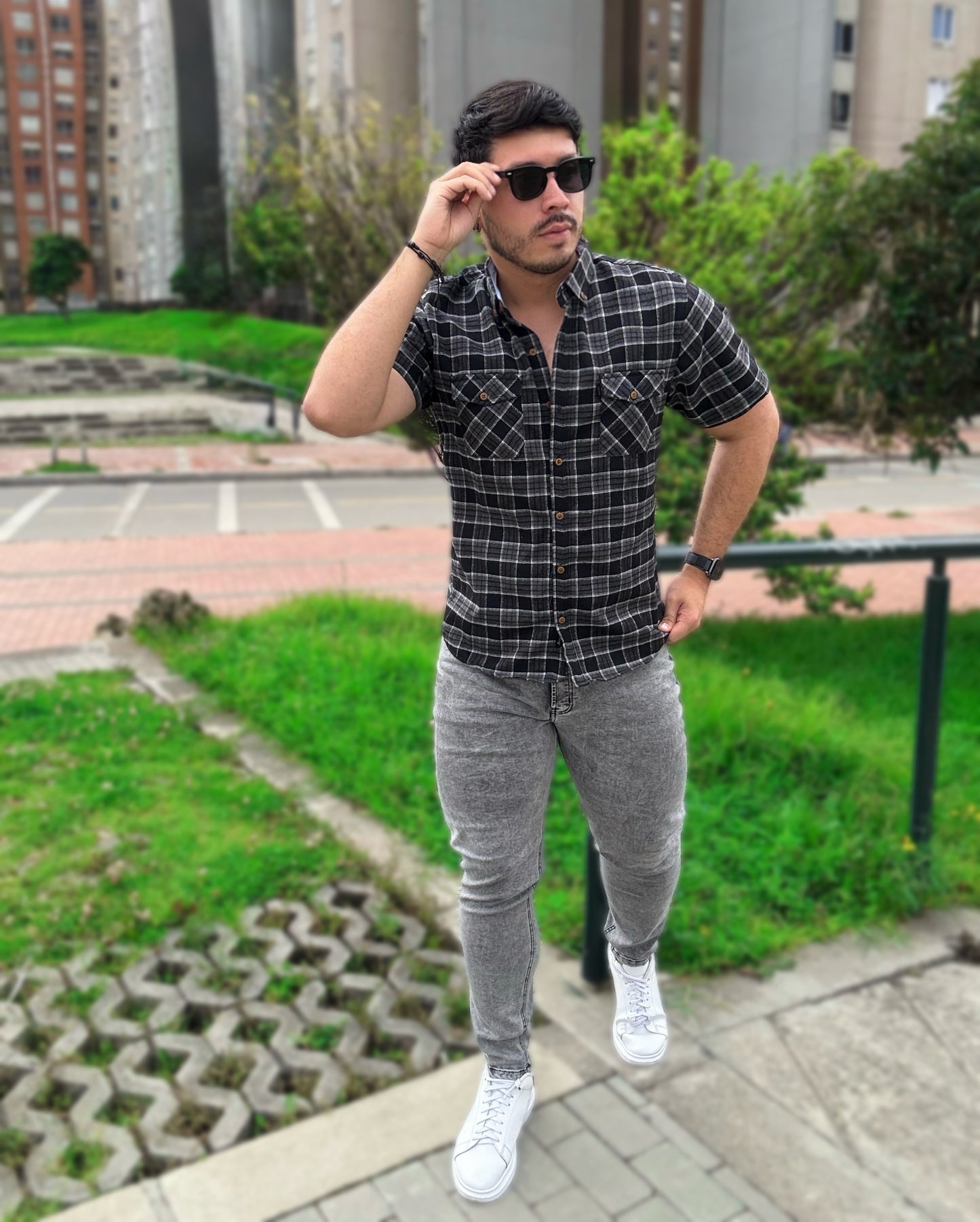 Camisa Cuadros Manga Corta Negro