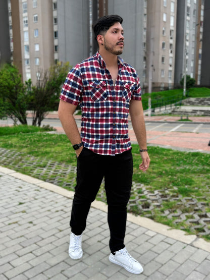 Camisa Cuadros Manga Corta Azul Rojo