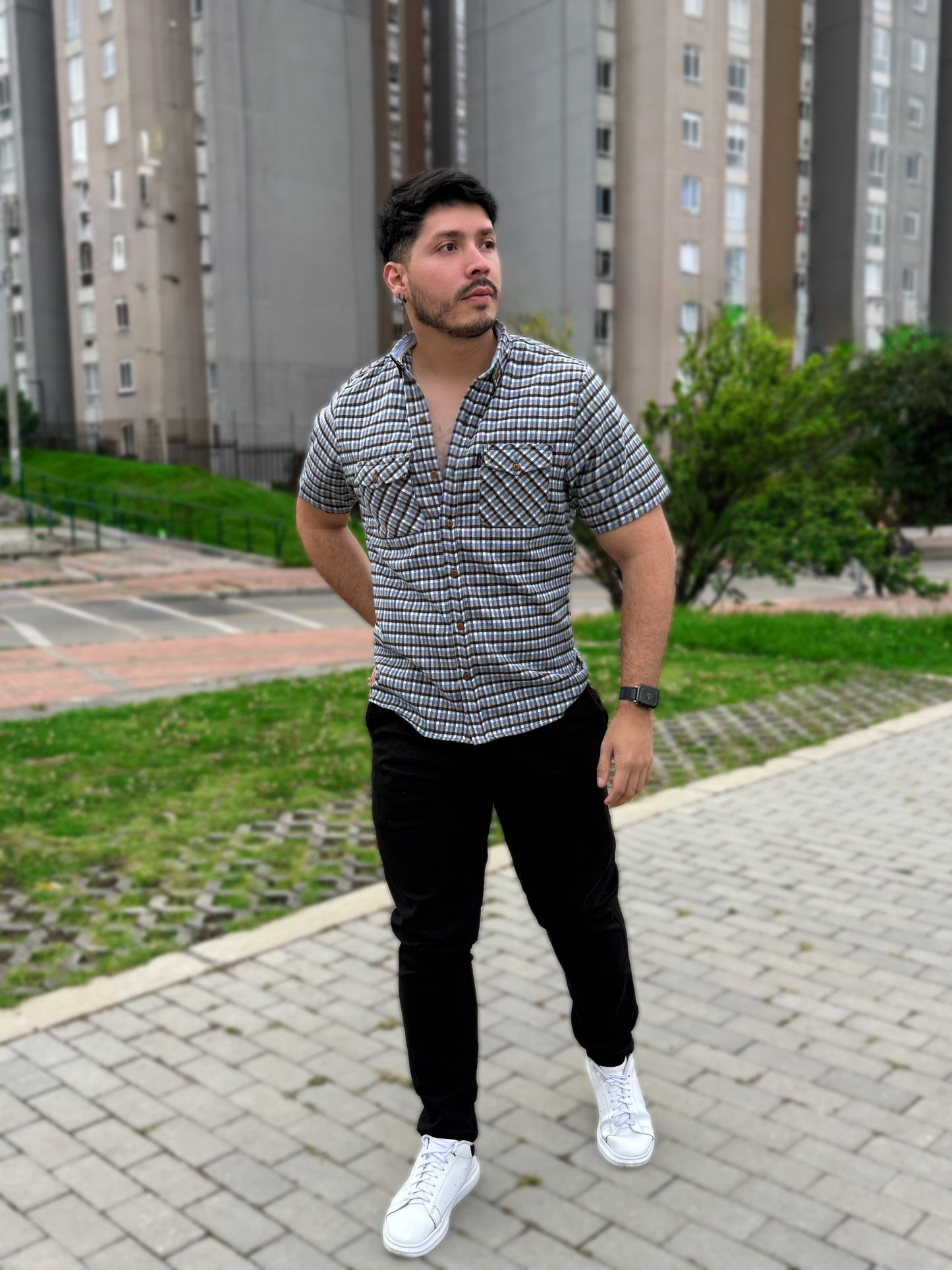 Camisa Cuadros Manga Corta Camel