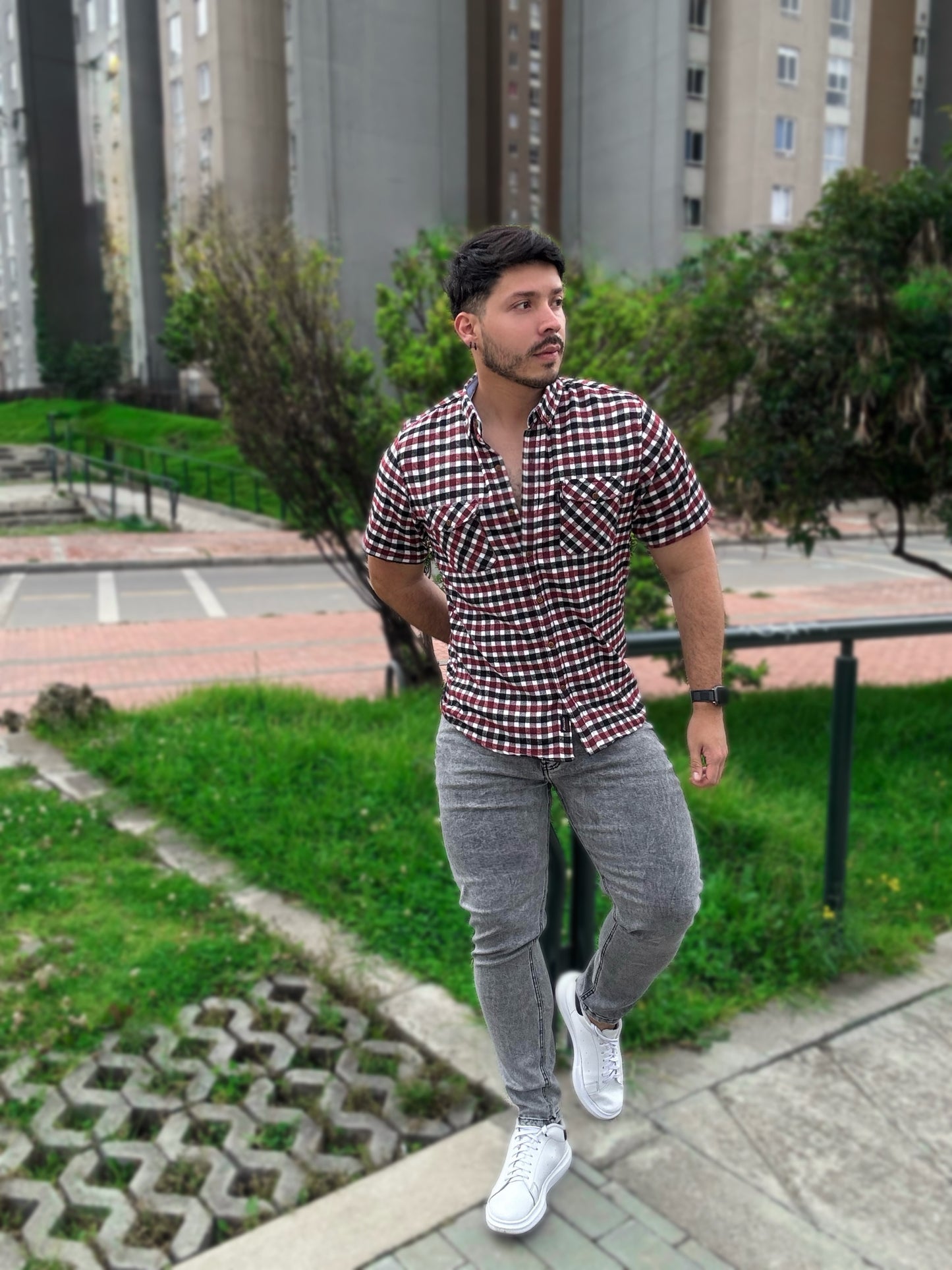 Camisa Cuadros Manga Corta Vinotinto